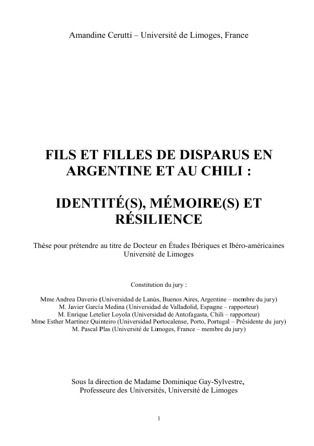 Fils et filles de sisparus en Argentine et au Chili: Identité(s), mémoire (s) et résilience