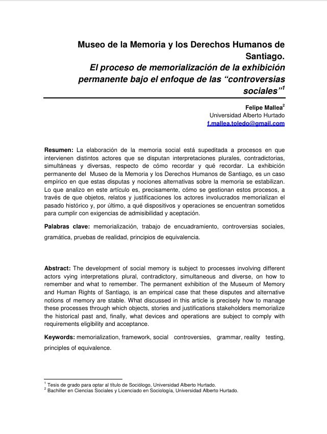 Museo de la Memoria y los Derechos Humanos de Santiago: El proceso de memorialización de la exhibición permanente bajo el enfoque de las “controversias sociales