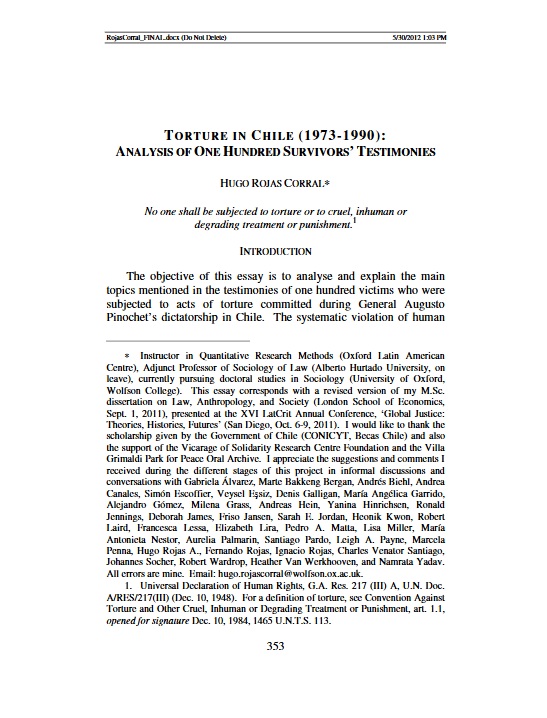 Torture in Chile(1973-1990): Analysis of the one hundred survivor’s testimonies